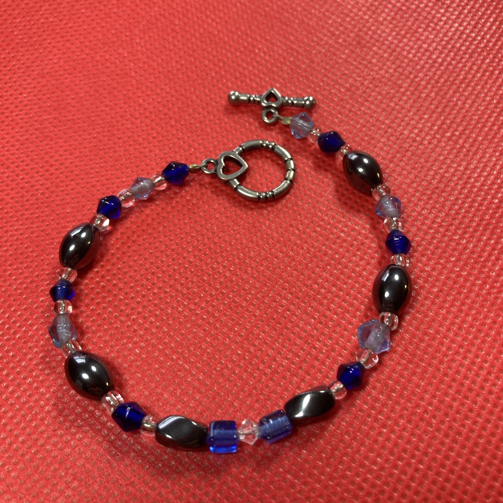 Bracelet Hematite And Blue Glass Beaded With Toggle Clasp 8-inches