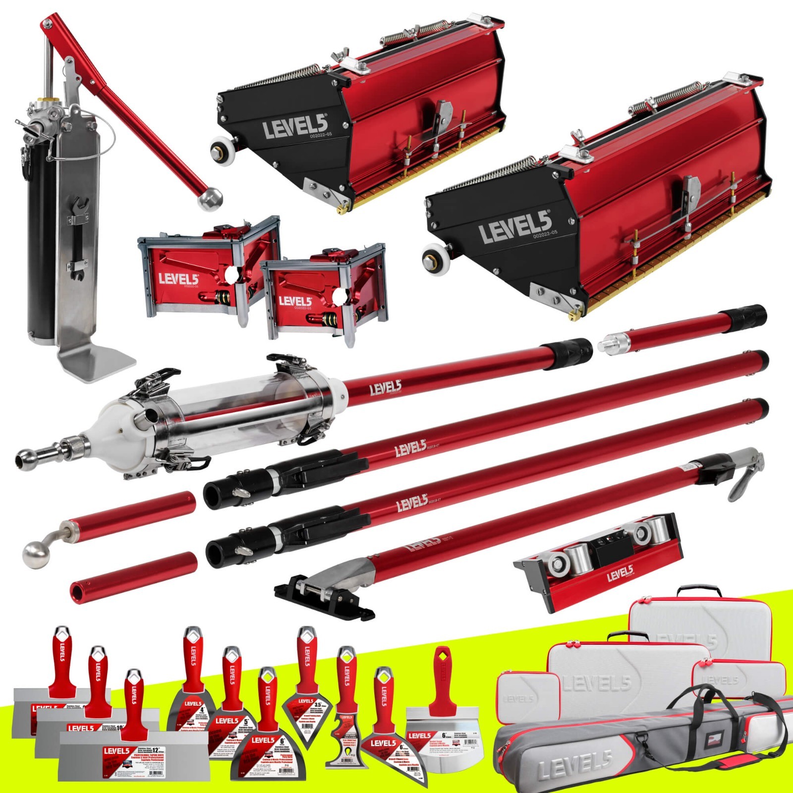 LEVEL5 Drywall Finishing Set w/ MEGA Flat Boxes, Ext Handles + MiniShot | 4-687P