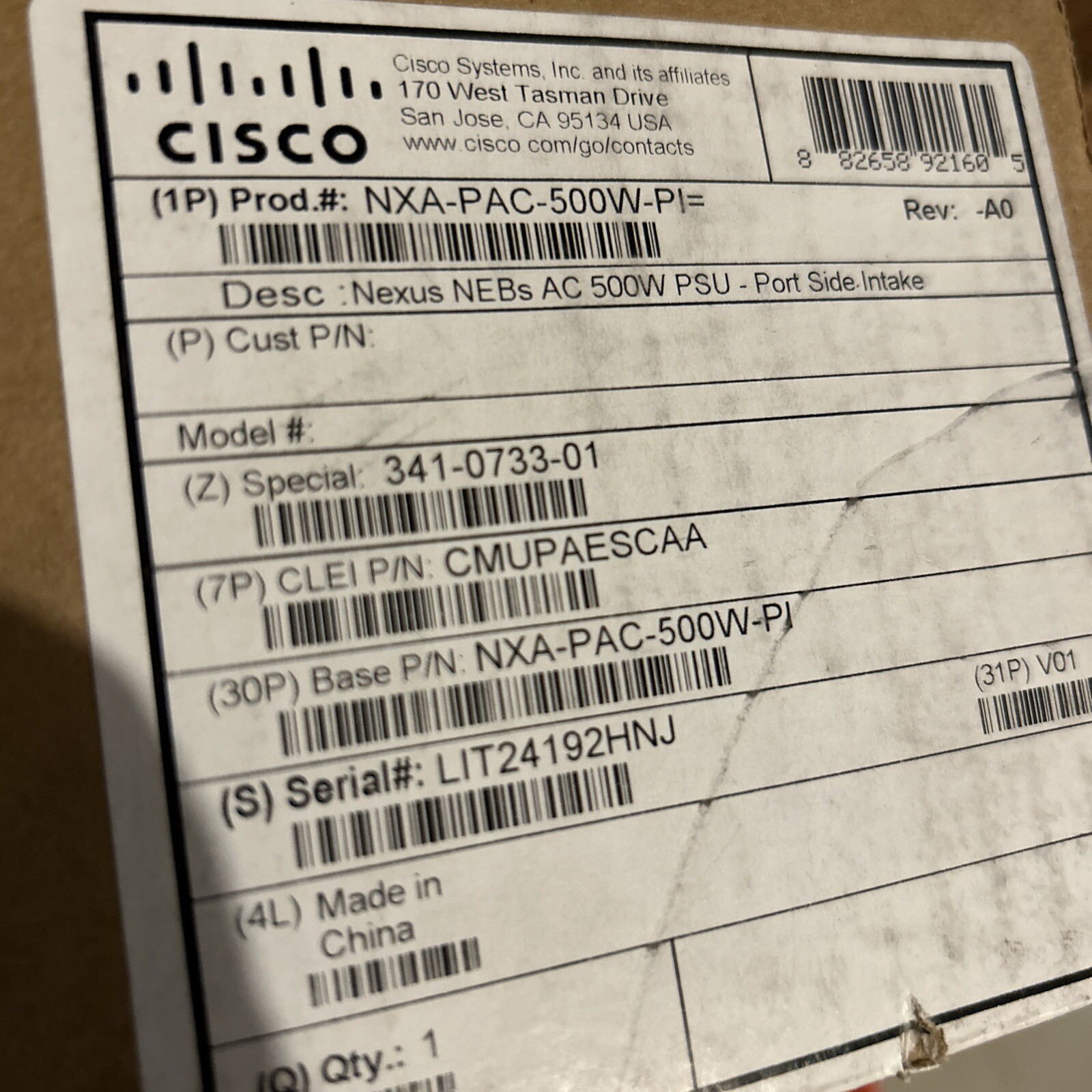 Cisco NXA-PAC-500W-PI V01 | CMUPAESCAA | 341-0733-01 | 500W AC Port-Side Intake