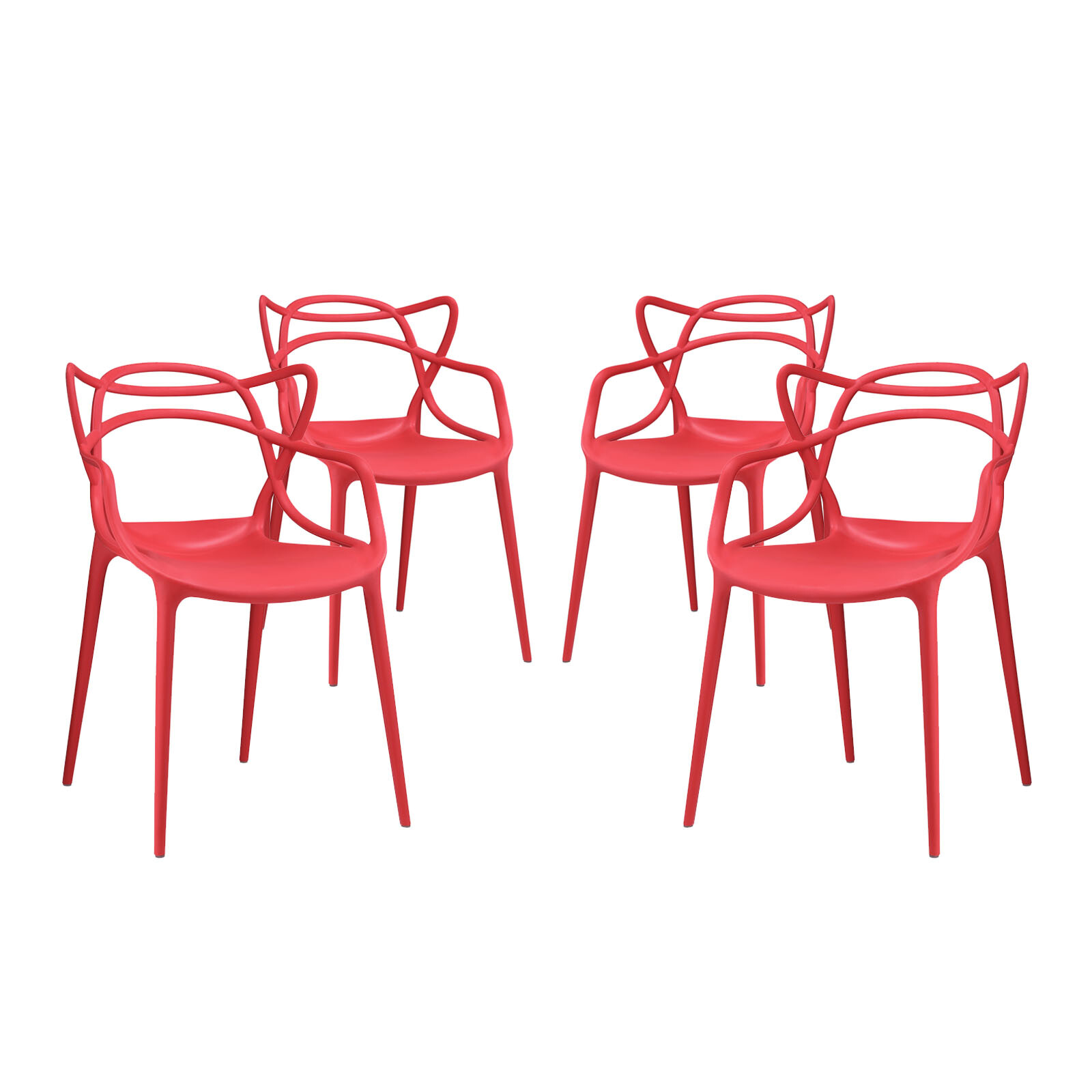 Modway Entangled Modern Molded Plastic Four Dining Armchairs in Red