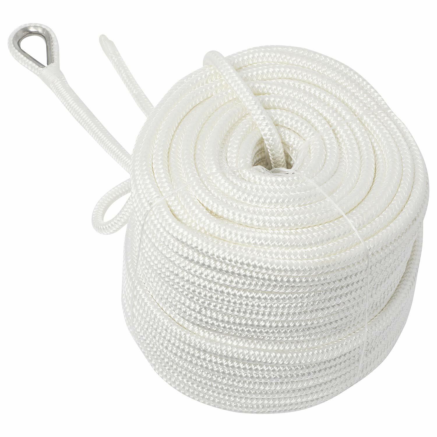 NovelBee 1/2' x 300" White Double Braid Nylon Anchor Line with Stainless Thimble