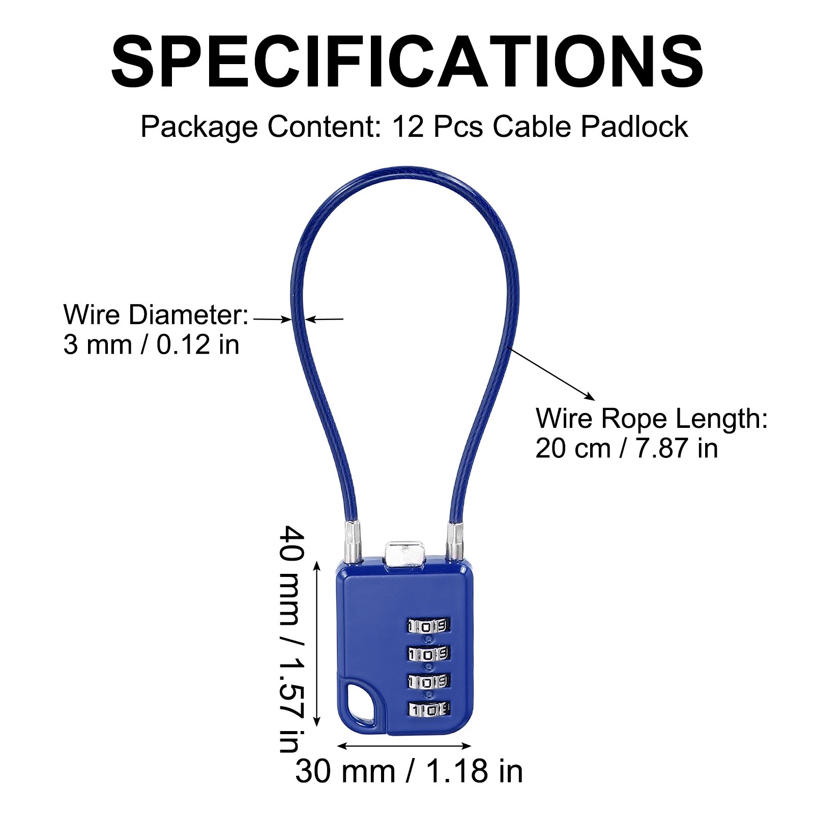 12Pcs Combination Cable Padlock with 7.9" (20cm) Flexible Cable, Blue