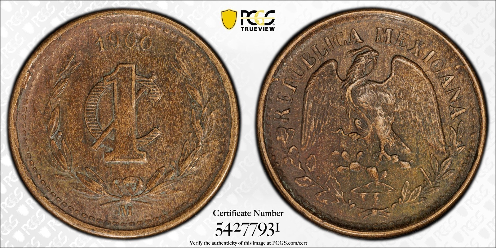1900 M Mexico Centavo (Narrow Date)  PCGS AU 53  Sharp Woodgrain Toned Original