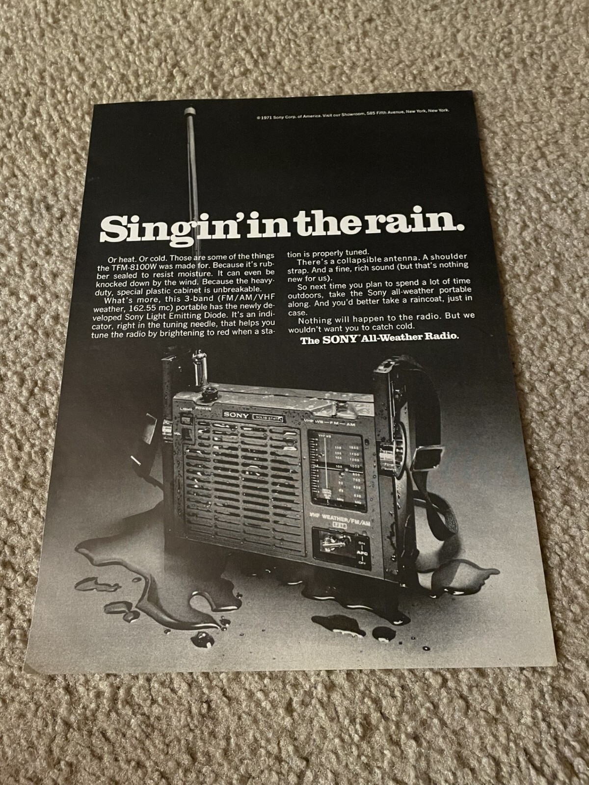 Vintage 1971 SONY TFM-8100W ALL-WEATHER RADIO FM AM VHF PRINT AD 1970s