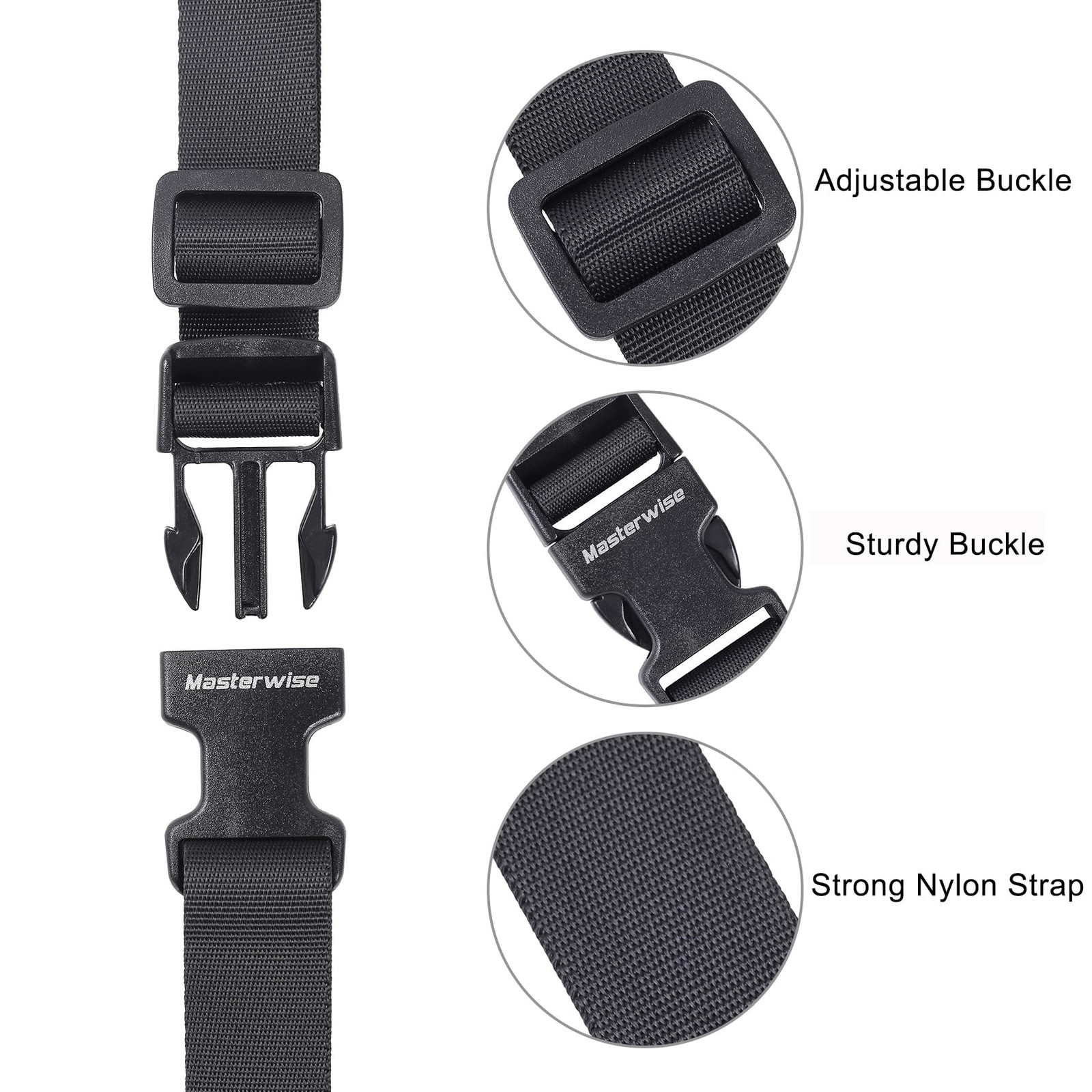 Masterwise Buckle Straps with Clips, Adjustable Nylon 6’x1", Black