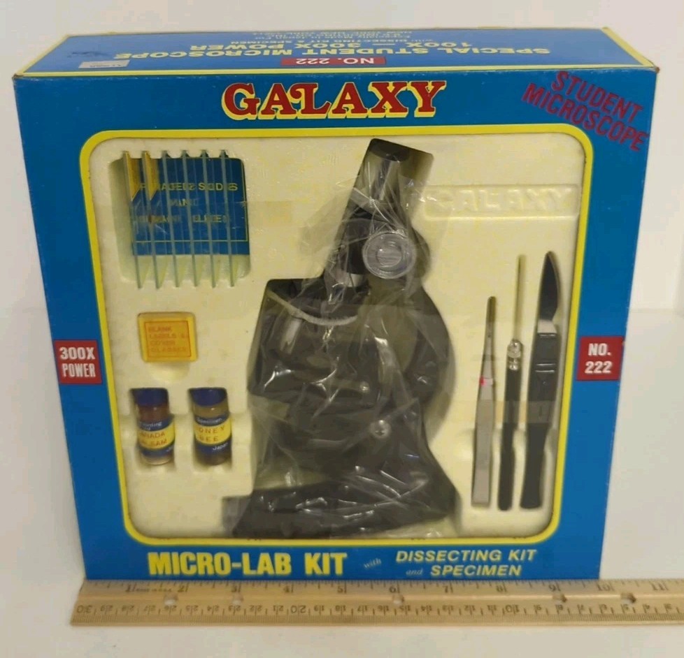 vtg. Galaxy Microscope Micro-Lab Dissecting Kit 100x-300x #222 w/Paper - MIB!