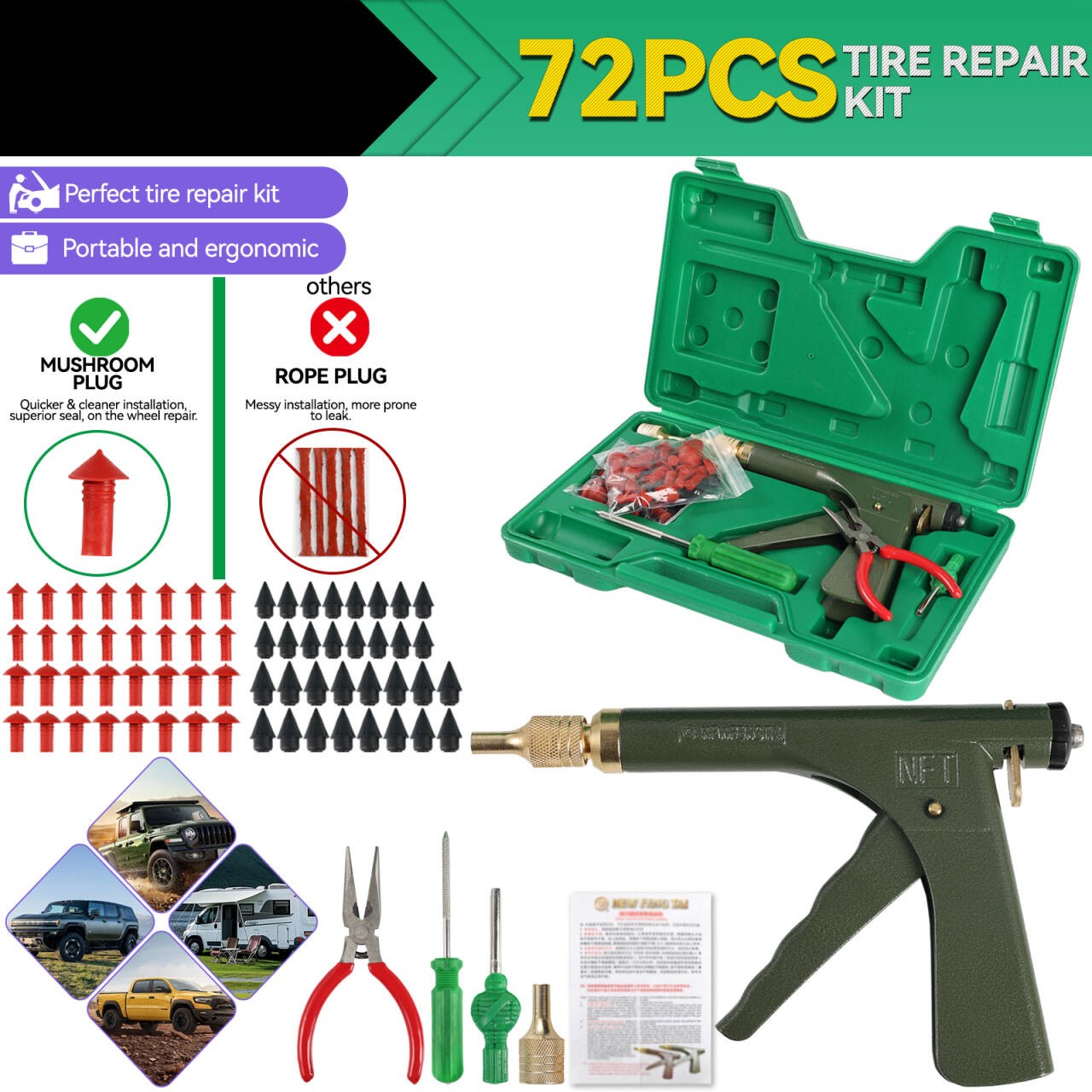 72pcs Tire Plugger Tubeless Tire Wheel Repair Gun Kit Mushroom Plug Probe Nozzle