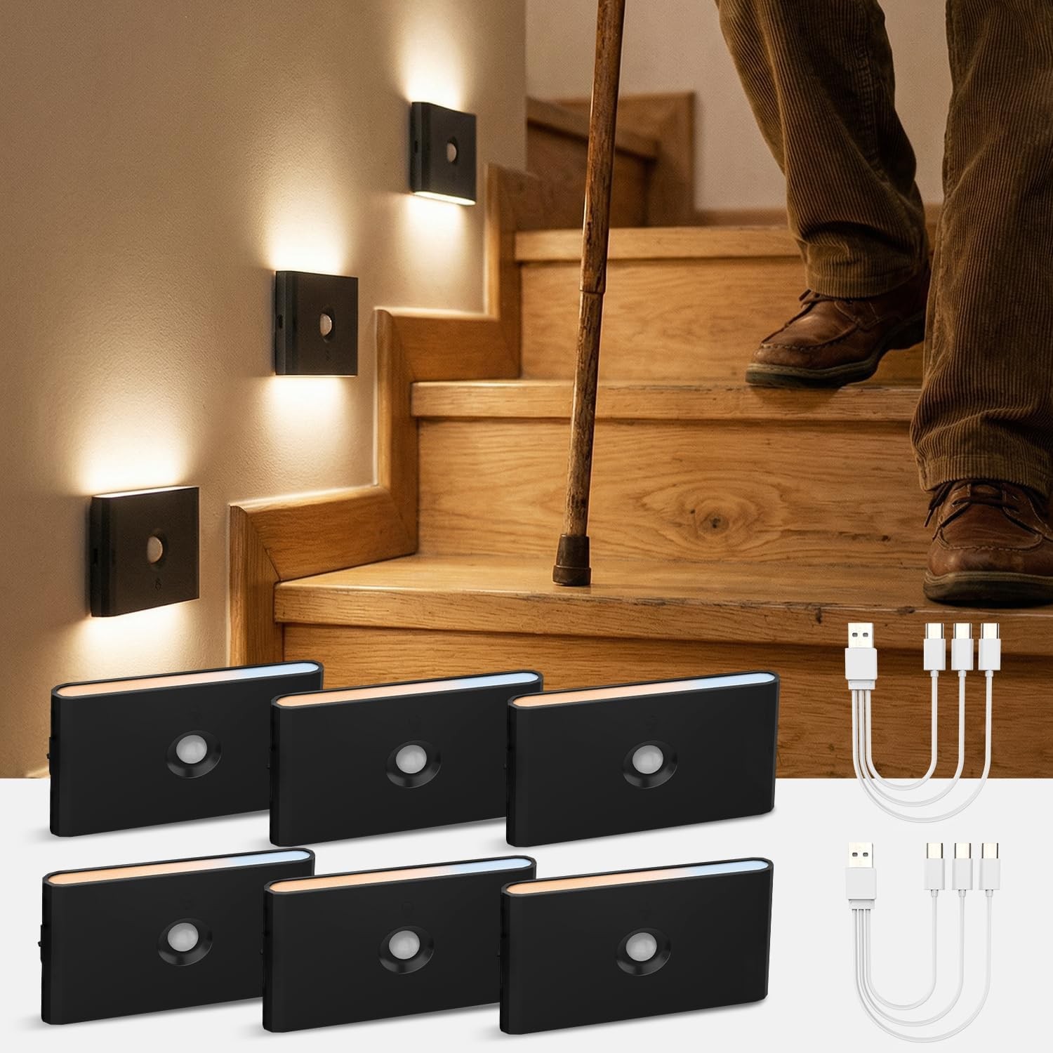 6 Packs Rechargeable Motion Sensor Stair Light Black (Magnetic Mounting Design)(