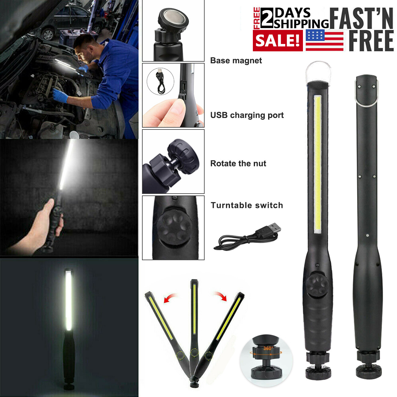 Rechargeable LED COB Work Light Mechanic Flashlight Lamp Magnetic Base Bright