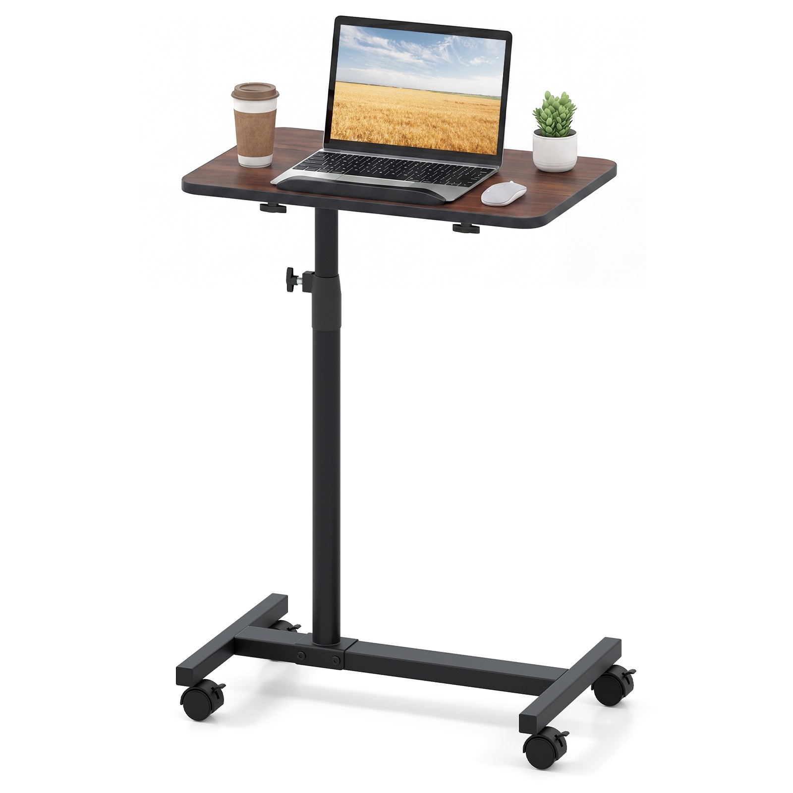 Overbed Table w/Lockable Wheels, Adjustable Height, 360° Swivel for Small Spaces