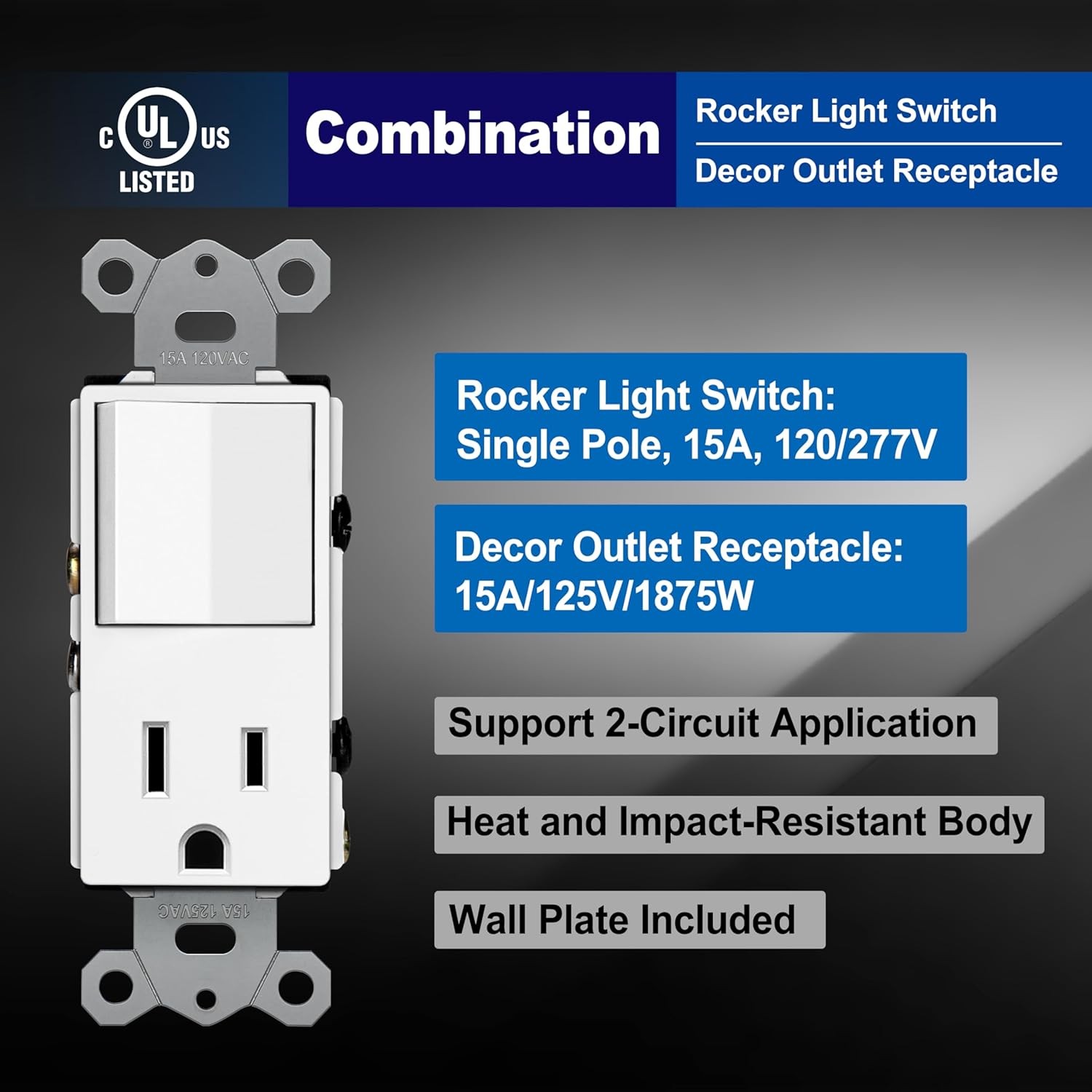 BESTTEN 2 Pack Combination Wall Light Switch and Decor Outlet, Single Pole Rocke