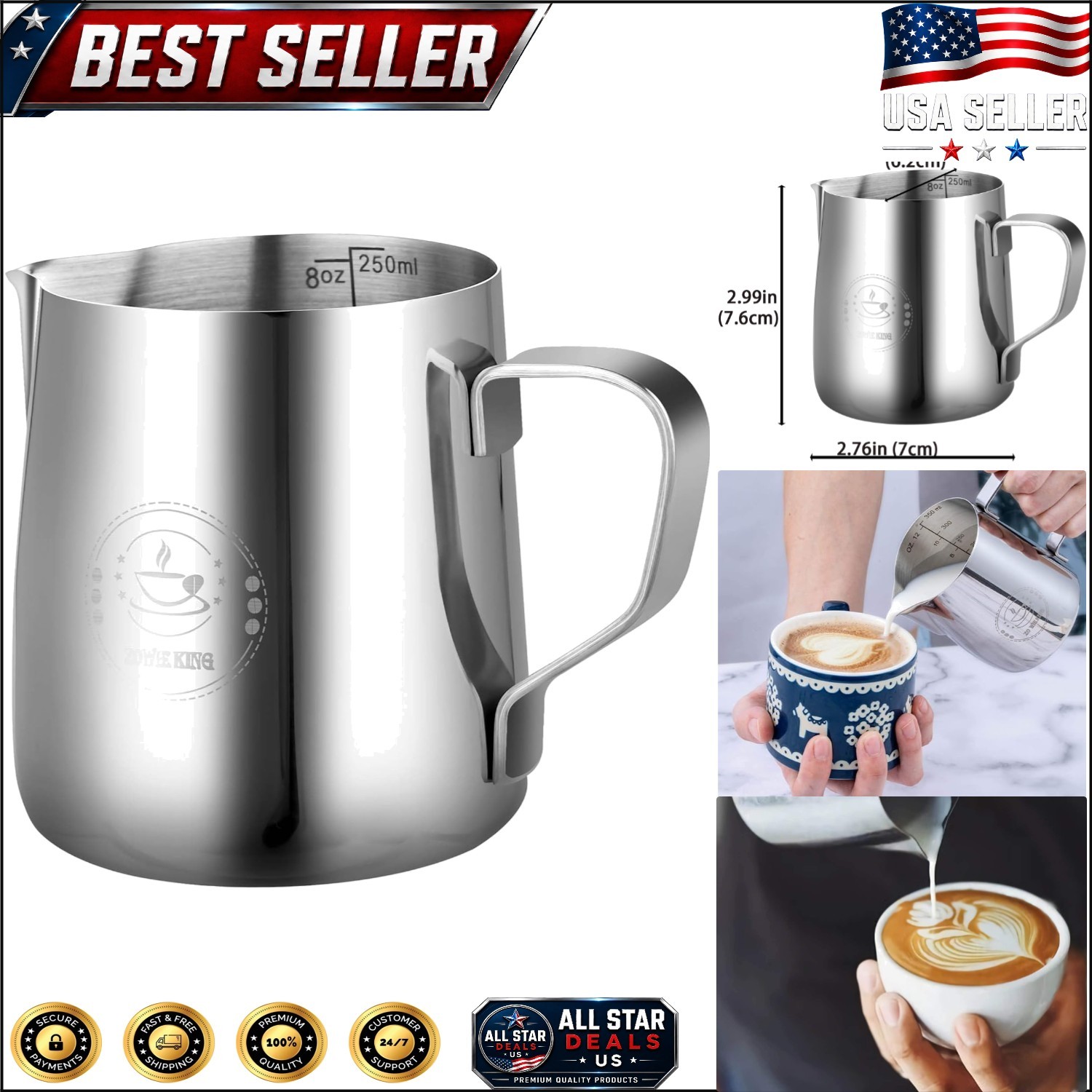 Drip-Free 8oz Milk Frothing Jug with Measurement Markings for Consistent Brewing