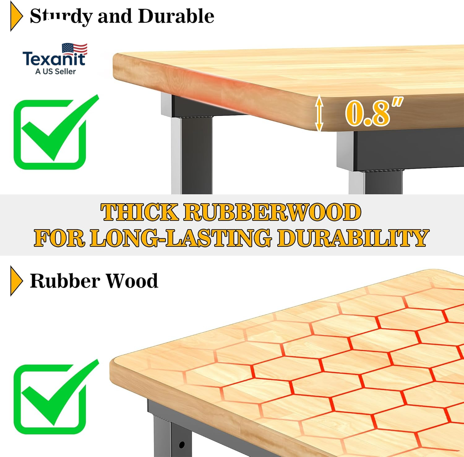 Workbench for Garage, 47.5" Adjustable Height Work Table, Heavy Duty Rubber Wood