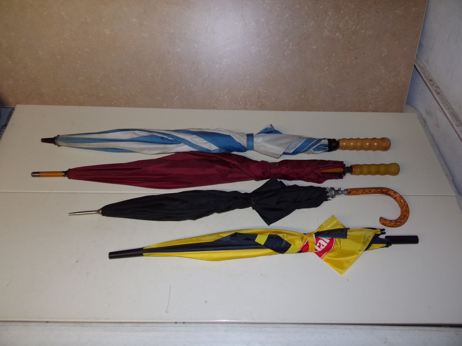 Vintage Lot of 4 Umbrellas, Maroon, Blue & White, Black, & Yellow & Black