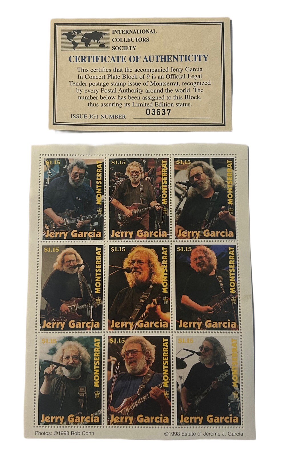 VTG Jerry Garcia In Concert Plate Block of 9 Stamp Montserrat 1998 Grateful Dead