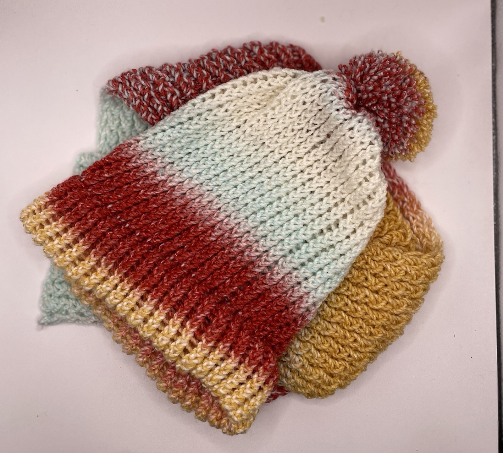 Hand Knitted Scarf And Hat Set. Browns, Cream, Light Blue