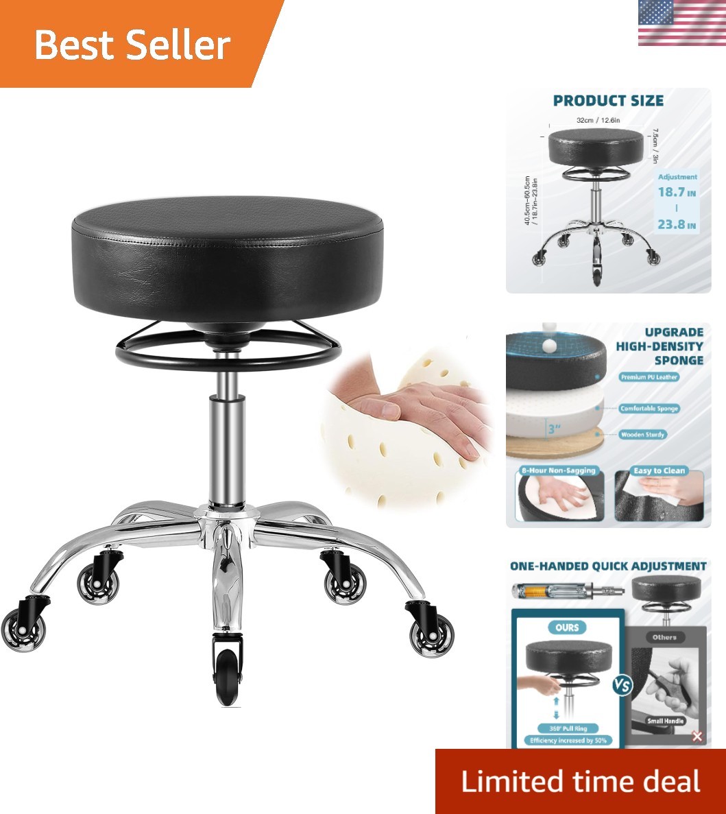 Black Rolling Stool with Wheels 400lbs - 360° Quietly Smooth | 3 In Thick Sea...