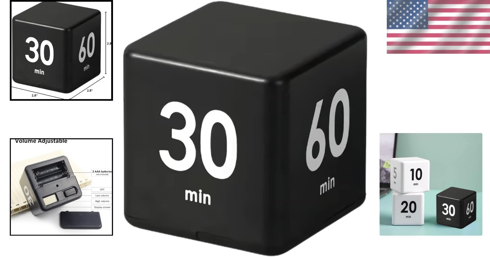 Versatile Black Cube Timer: 15-60 Minute Preset for Learning, Cooking & Games
