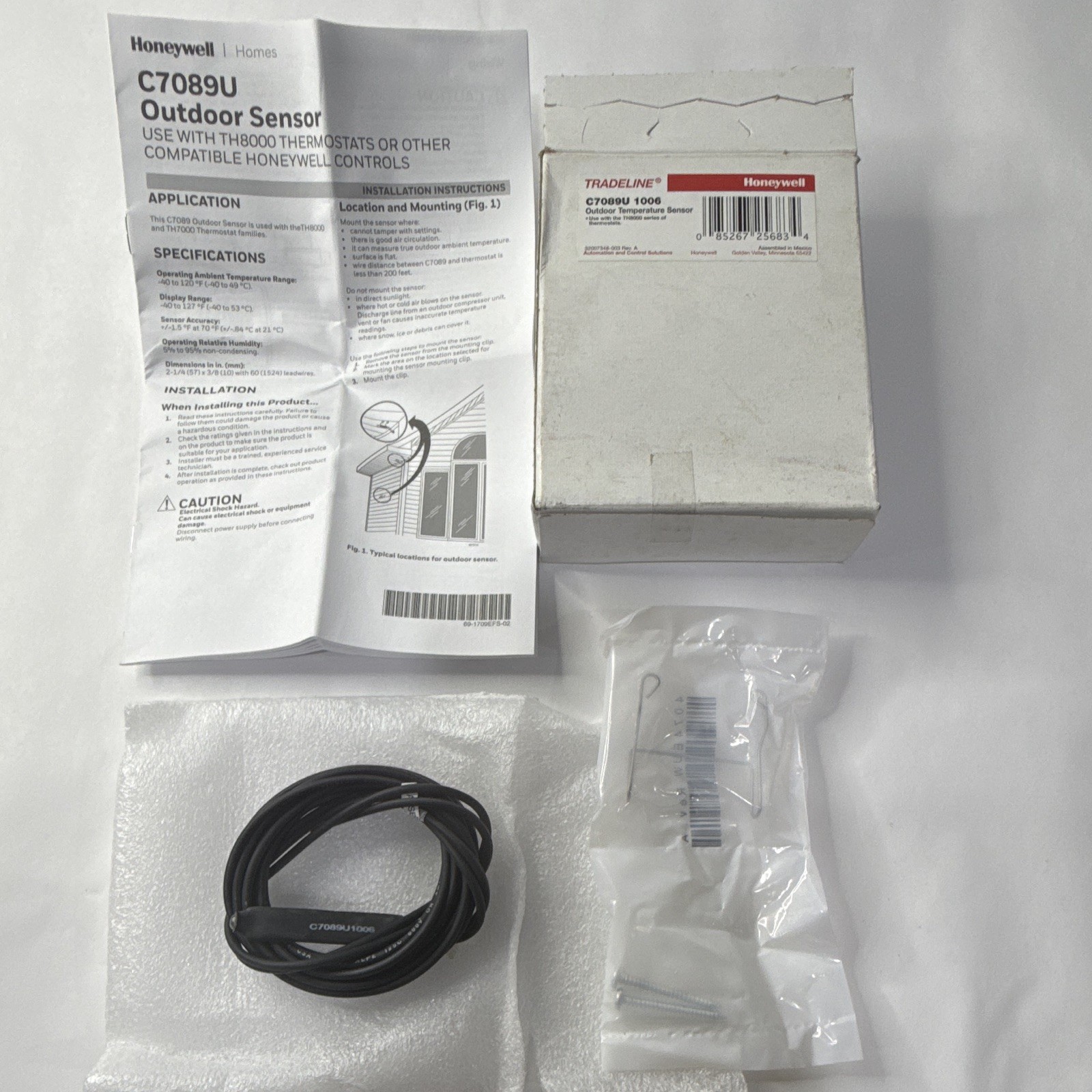 Honeywell C7089U Outdoor Temperature Sensor, Black Wired Plastic (C7089U1006)
