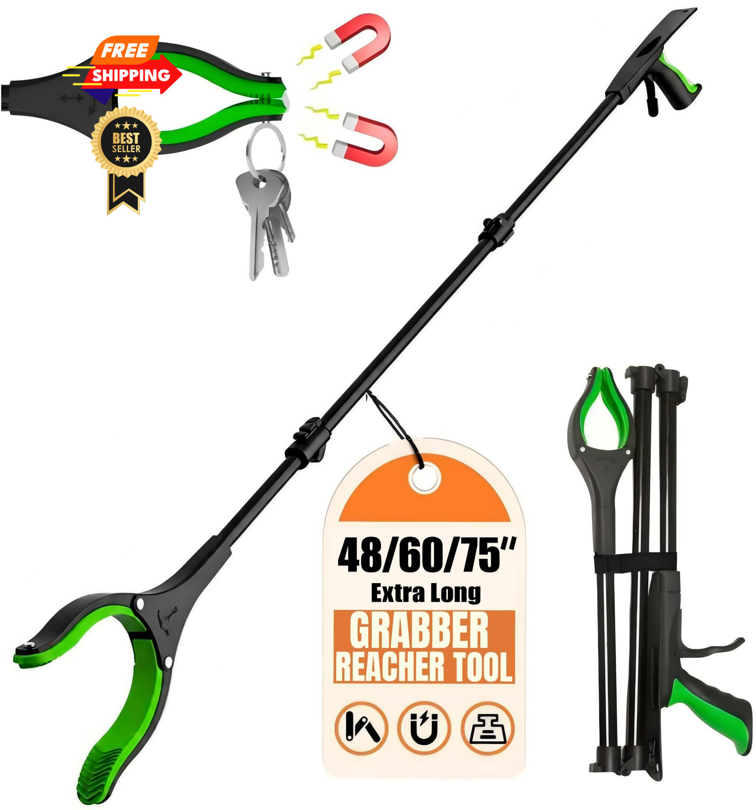 75Inch Extra Long Grabber Reacher Tool, LEGENDONE Easy Foldable 75"blackgreen