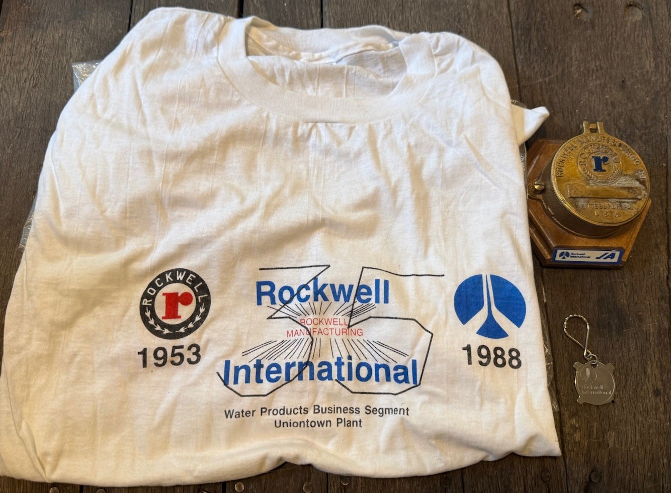 Vintage Rockwell Manufacturing Advertising Brass Meter Box & Anniversary Shirt