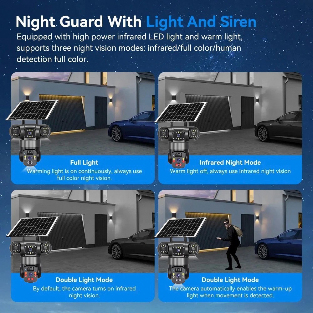 2x 3 Lens 12MP Solar Battery Home Security Camera Outdoor Wifi Wireless PTZ CCTV