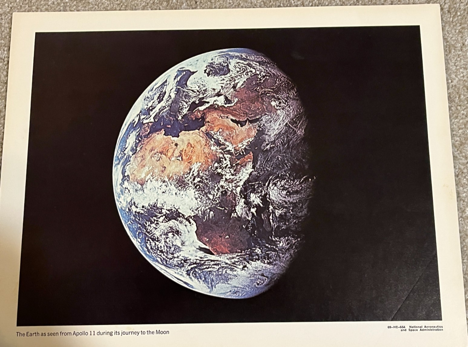 Vtg NASA Photo Apollo 11 Earth from Apollo 11  69-HC-664 14"x 11"