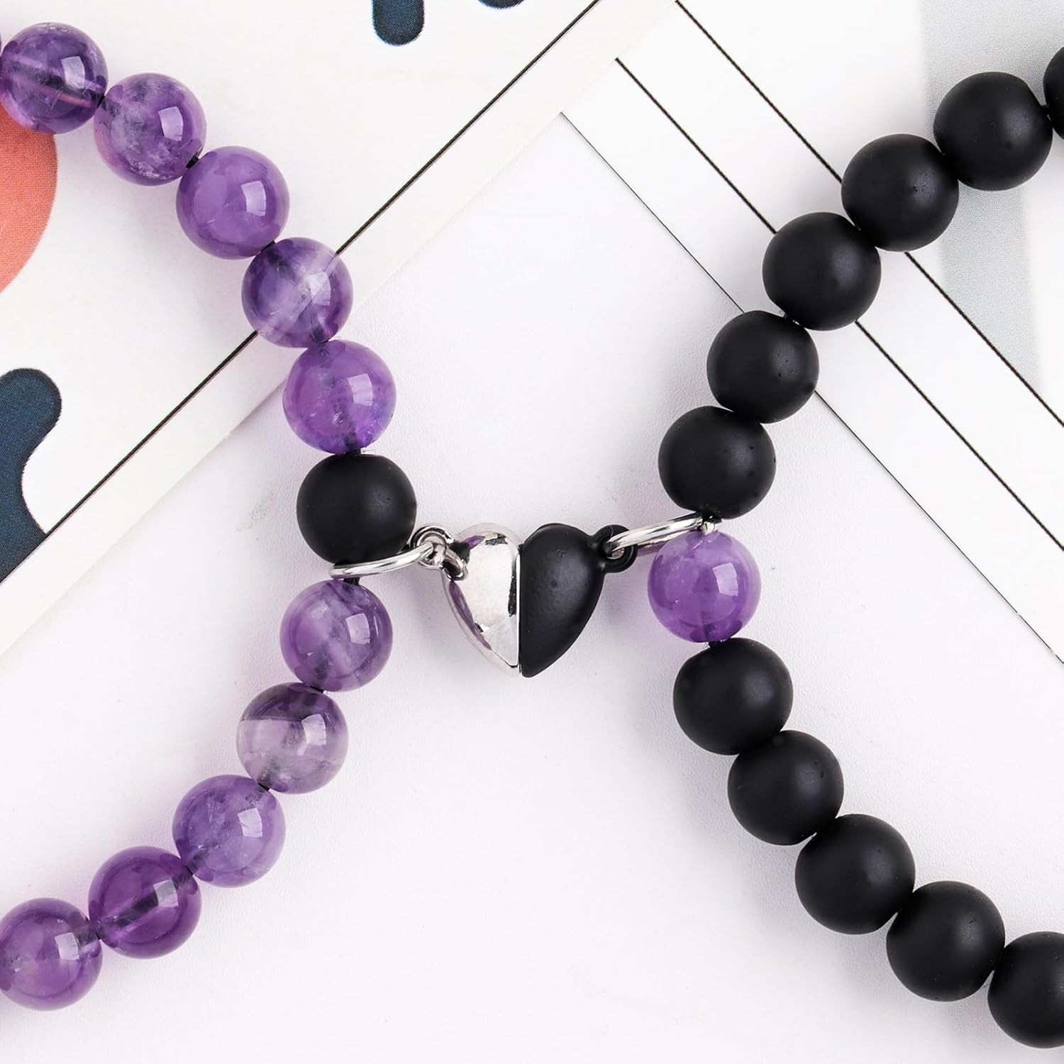 2 Pcs Magnetic Couples Bracelets Matching Adjustable Black-Amethyst