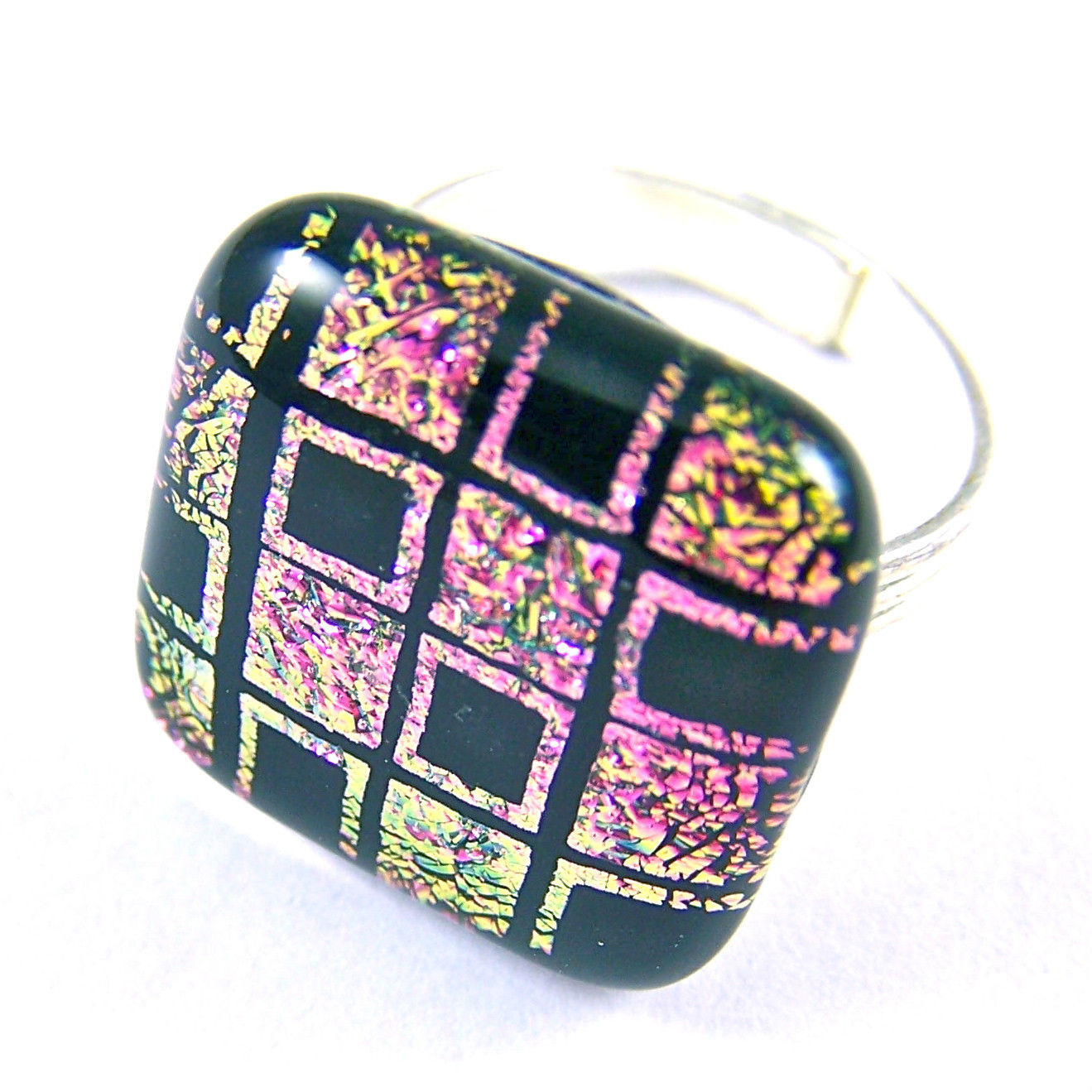 DICHROIC GLASS Cocktail RING Adjustable 3/4" 20mm Pink Magenta Checkers Square