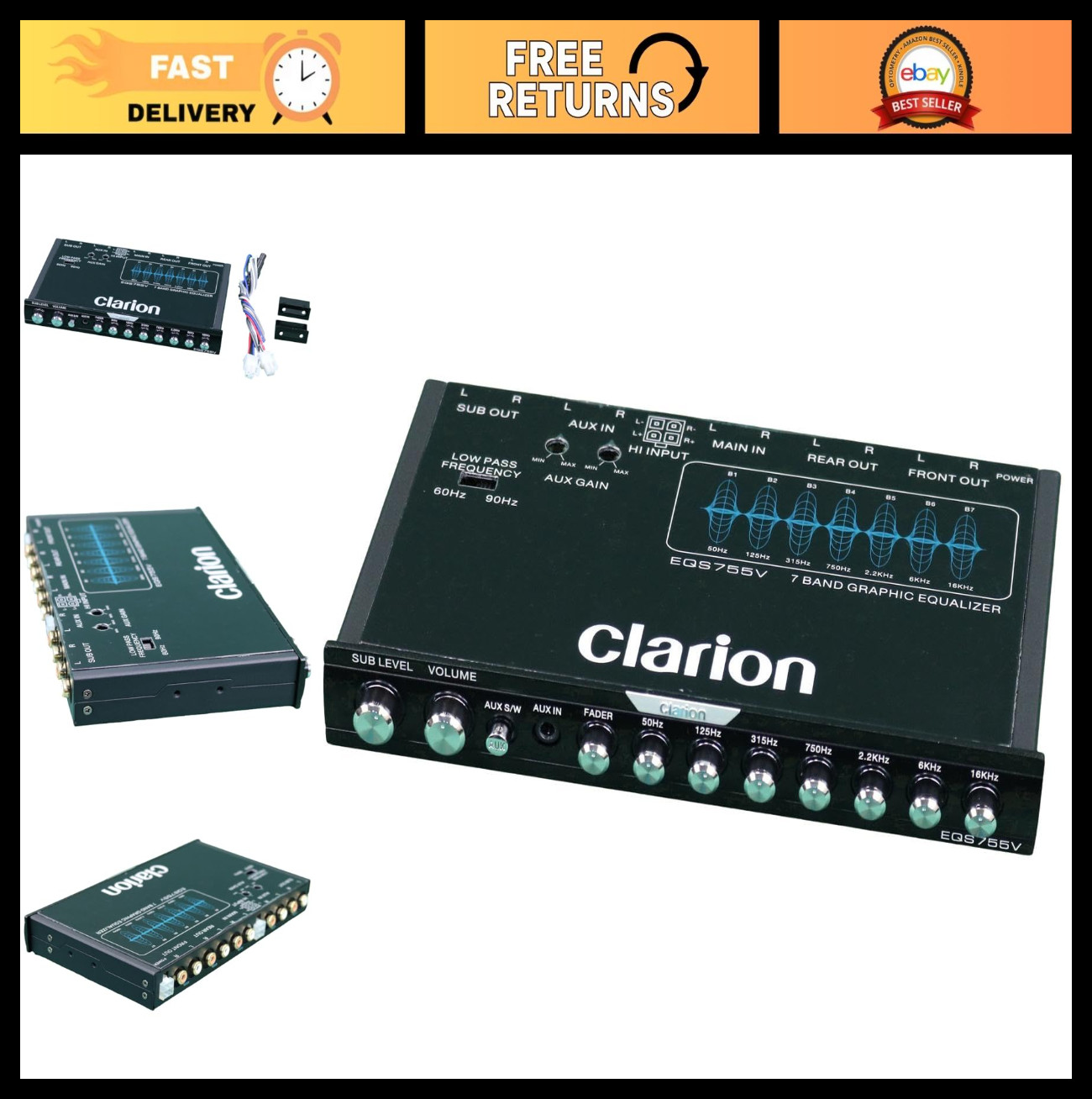 7-Band Car Graphic Equalizer/Crossover 1/2-DIN with AUX & RCA Inputs for Audio U