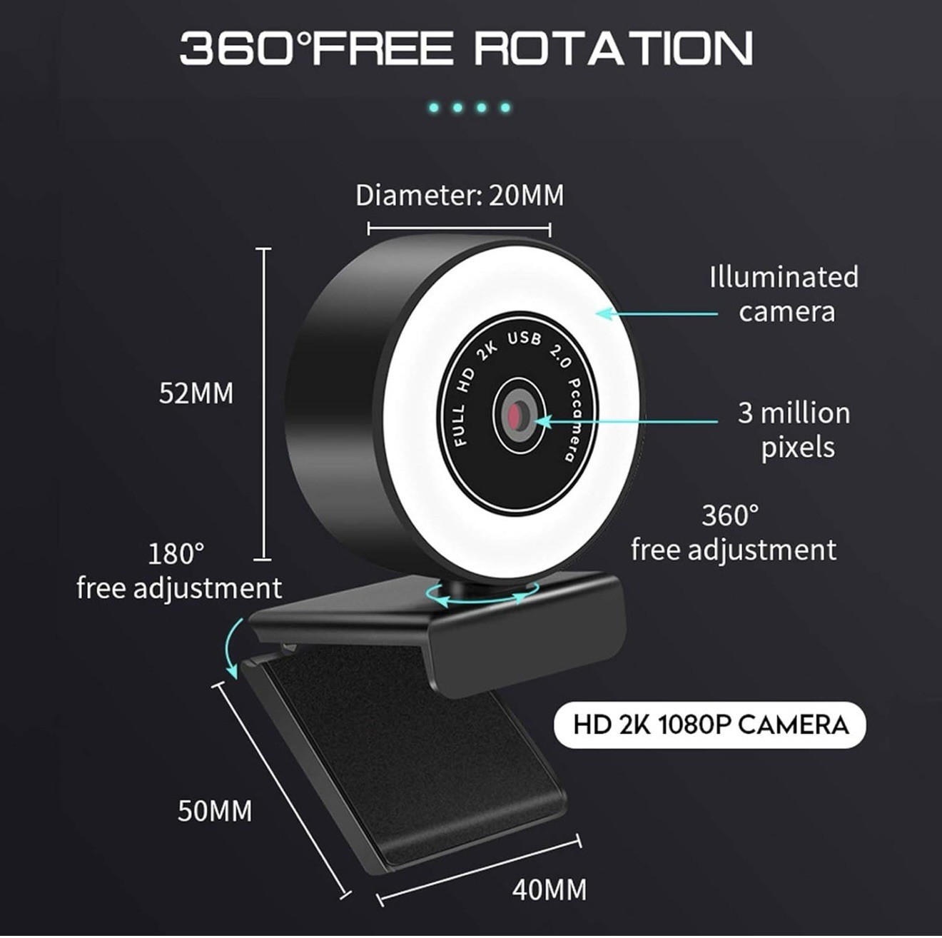 Webcam w/ Microphone Ring Light Pro USB Computer HD Web Cam - A0224