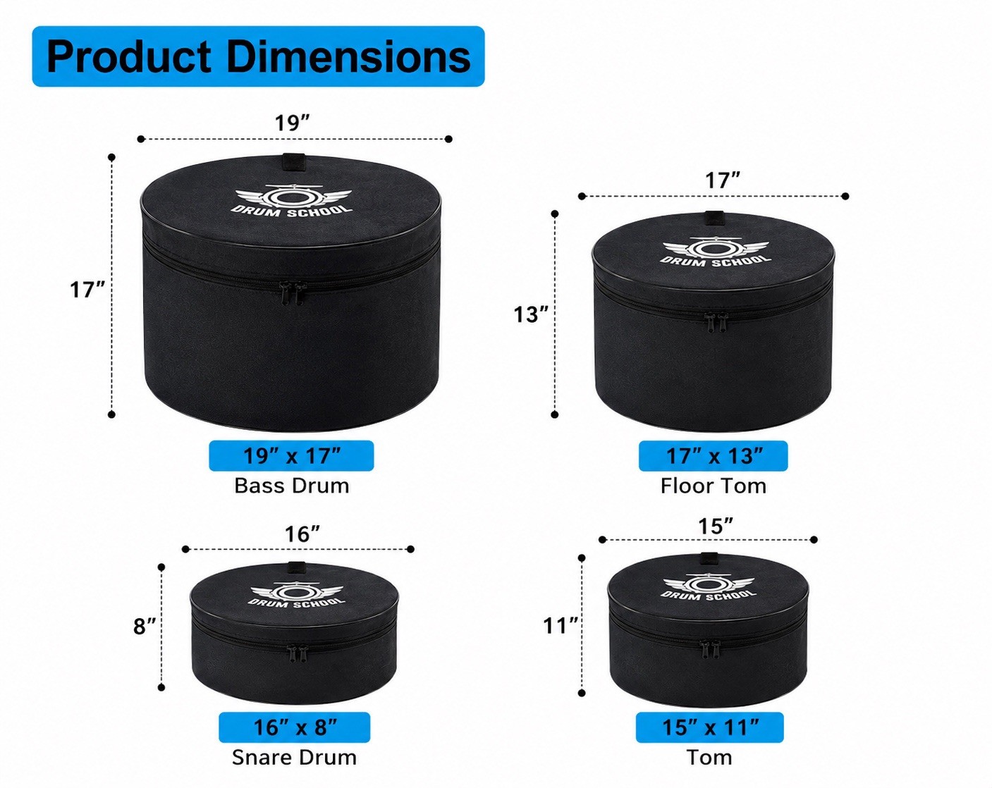 4-Piece Drum Bag Set Soft Carry Cases Black w/ Shoulder Strap