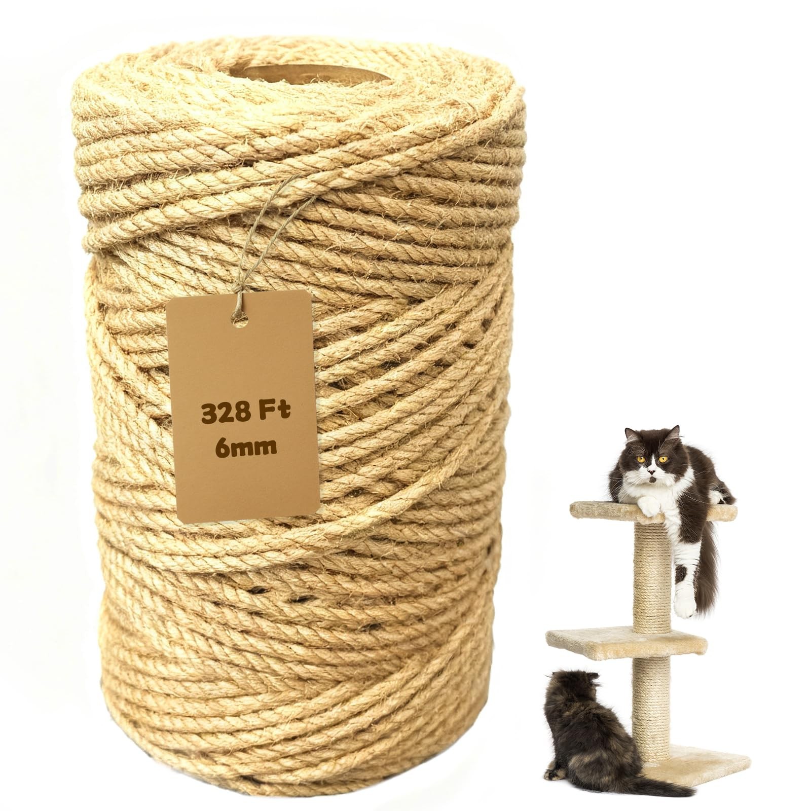 Natural Jute Twine 6mm x 328ft, 4Ply Twisted Heavy Duty Rope Roll for Gardeni...