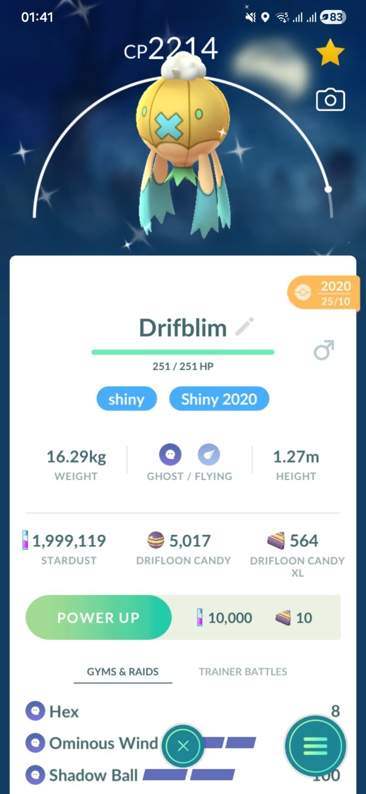 Shiny Drifblim ( Caught In 2020 ) ( Level 40 ) ( 3 Moves ) Pokemon Tr@de Go