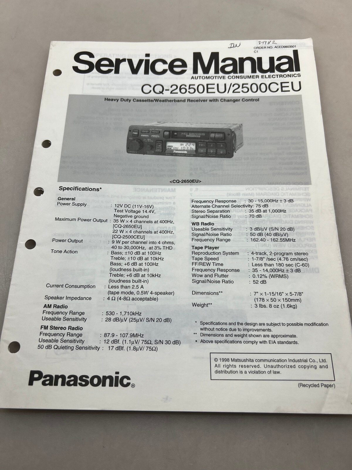 Panasonic CQ-2650EU 2500CEU Original Service Manual Free Shipping