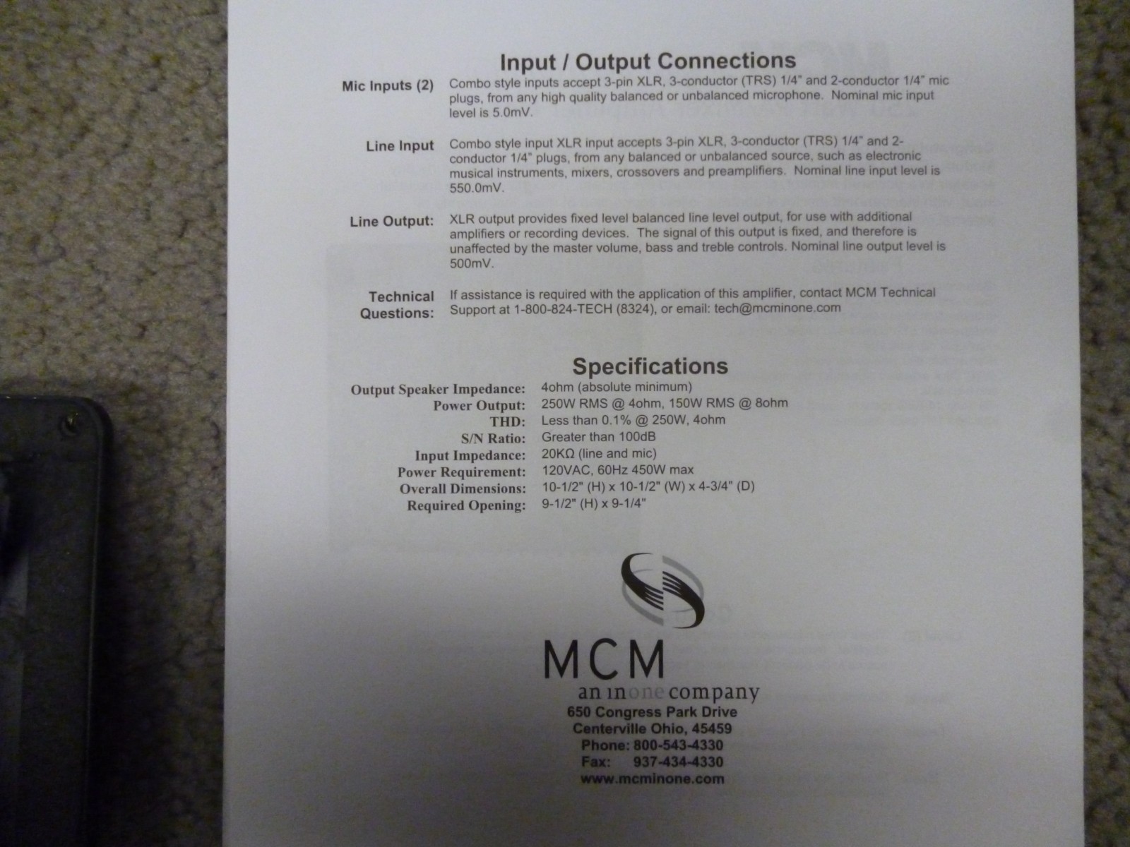MCM 250 Watt PA/Mixer Plate Amplifier