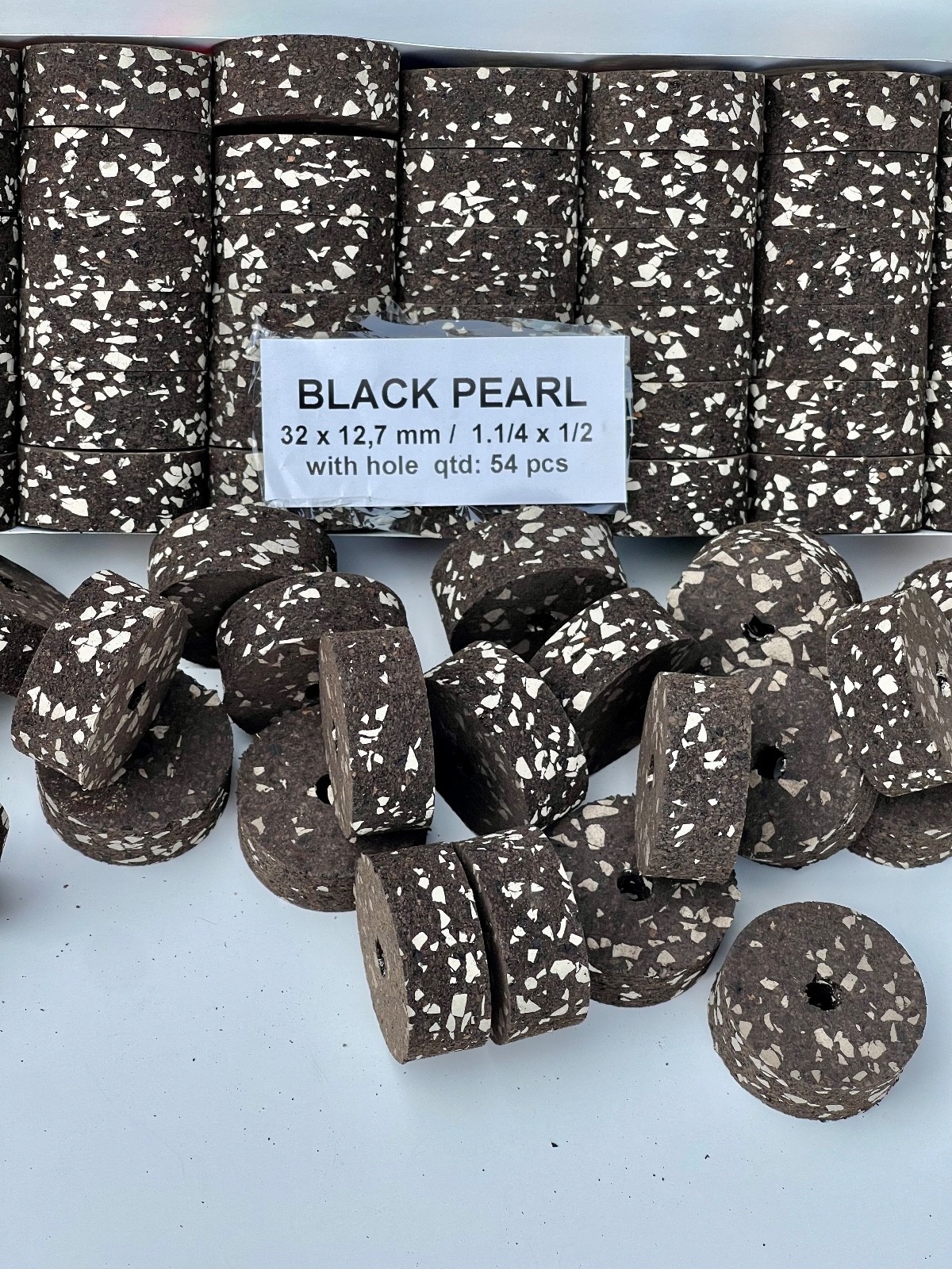 Cork Rings  36 Black Pearl , White Flake Burnt Burl, 1 1/4" X 1/2 "X1/4”