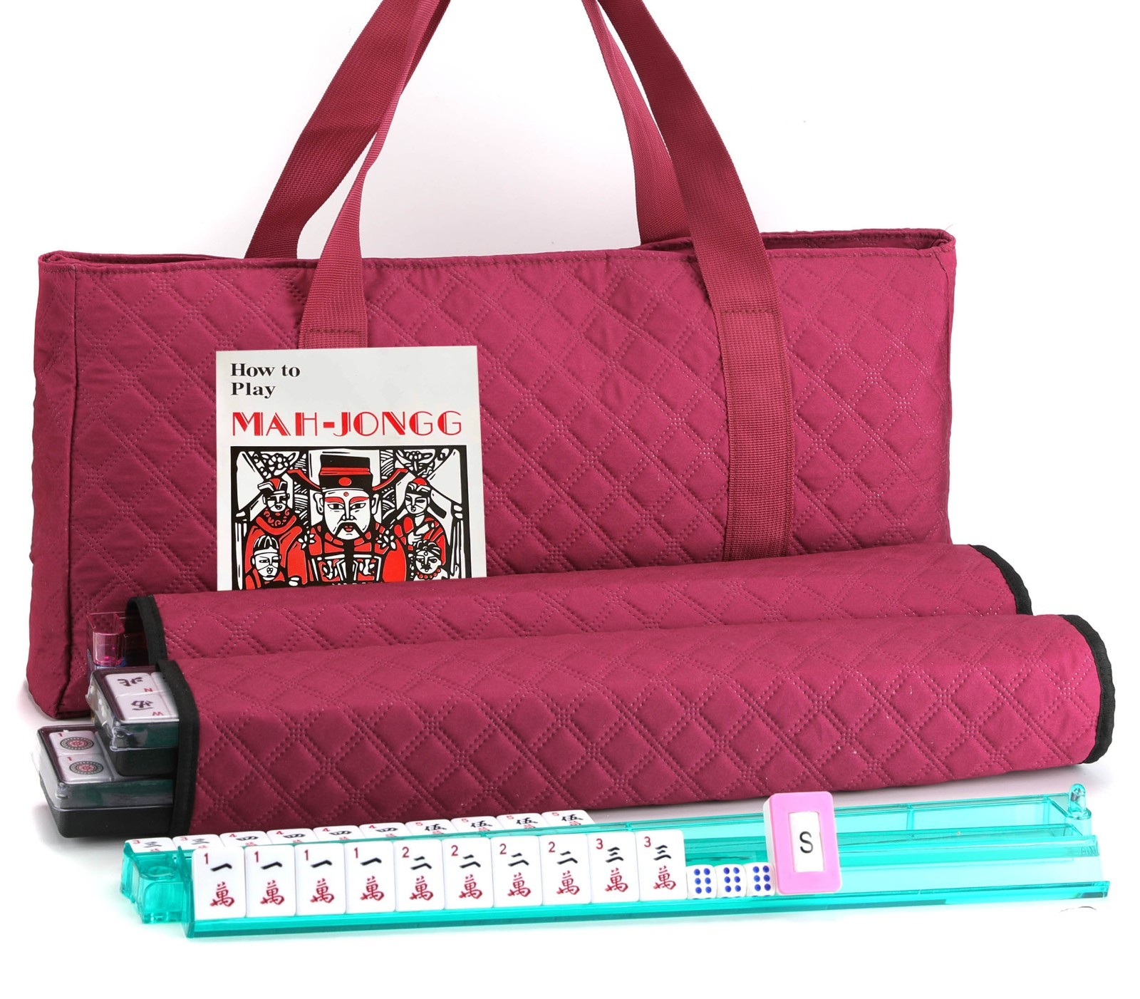 American Mahjong 166 Tiles Red Carry Bag /4 Color Pushers/Racks Western Mahjongg