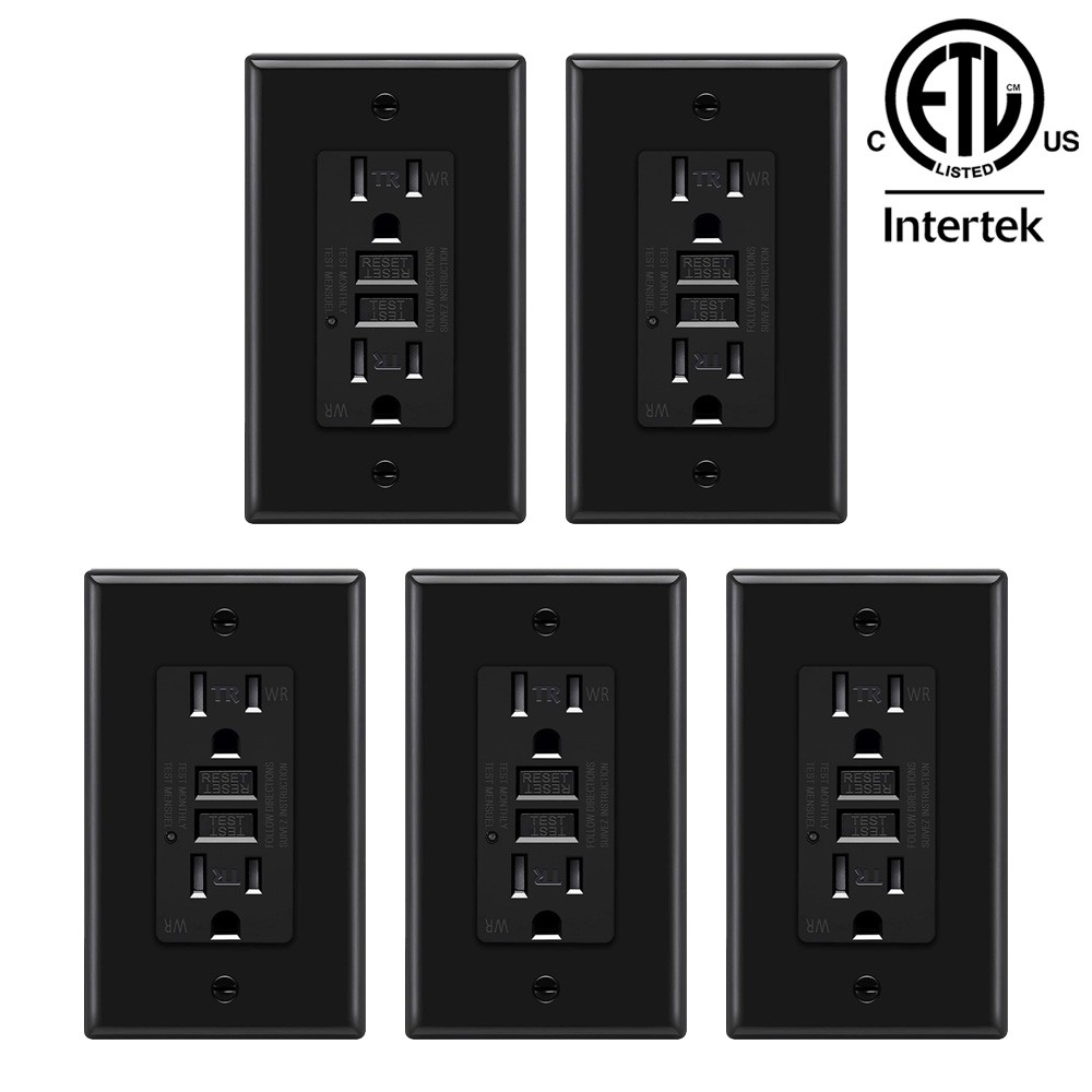 5PK GFCI Outlet 15 Amp Tamper Weather Resistant Ground Fault Receptacle Black