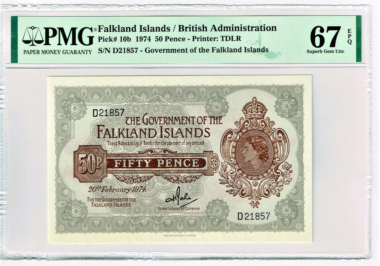 Falkland Islands: 1 Pound; 20.2.1974. Pick 10b. PMG Superb Gem Unc 67 EPQ.