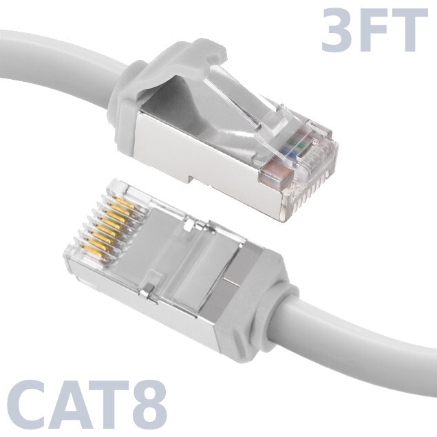 3FT Ethernet LAN Network Cat8 RJ45 S/FTP Cable Shielded Cord 28AWG 2GHz White