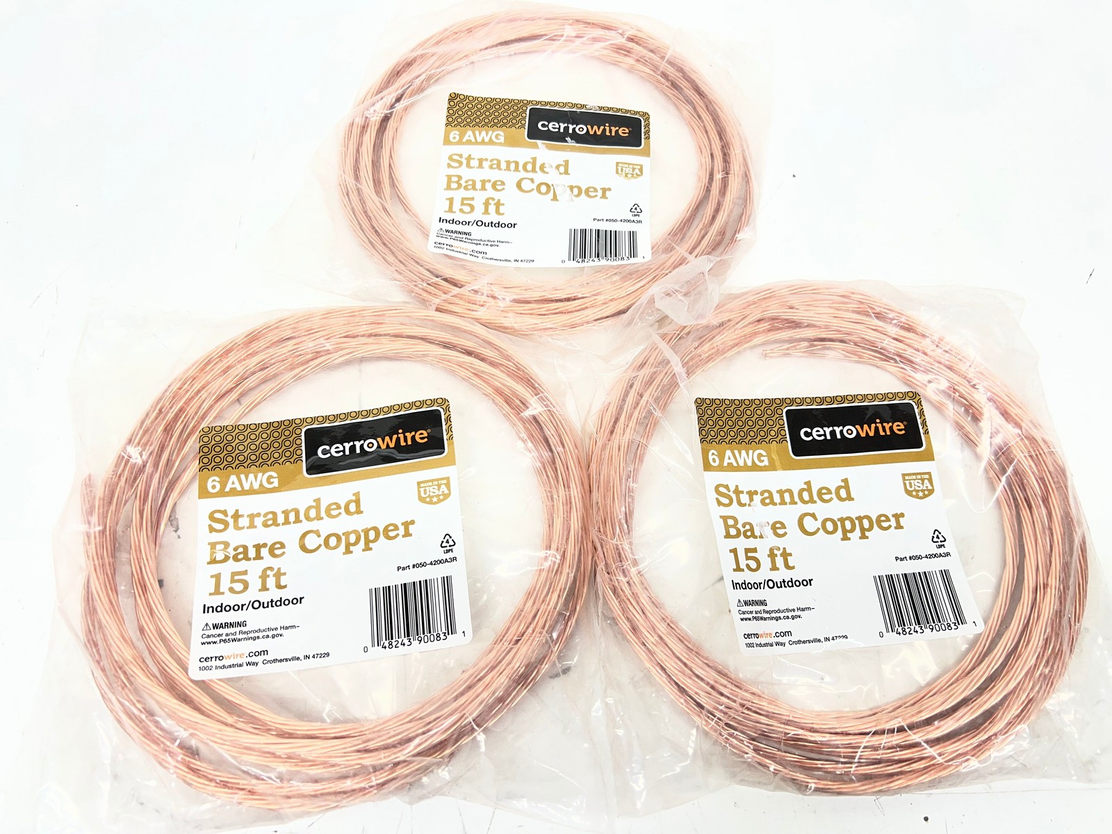 LOT OF 3 Cerrowire 15 ft. 6-Gauge Stranded SD Bare Copper Grounding Wire