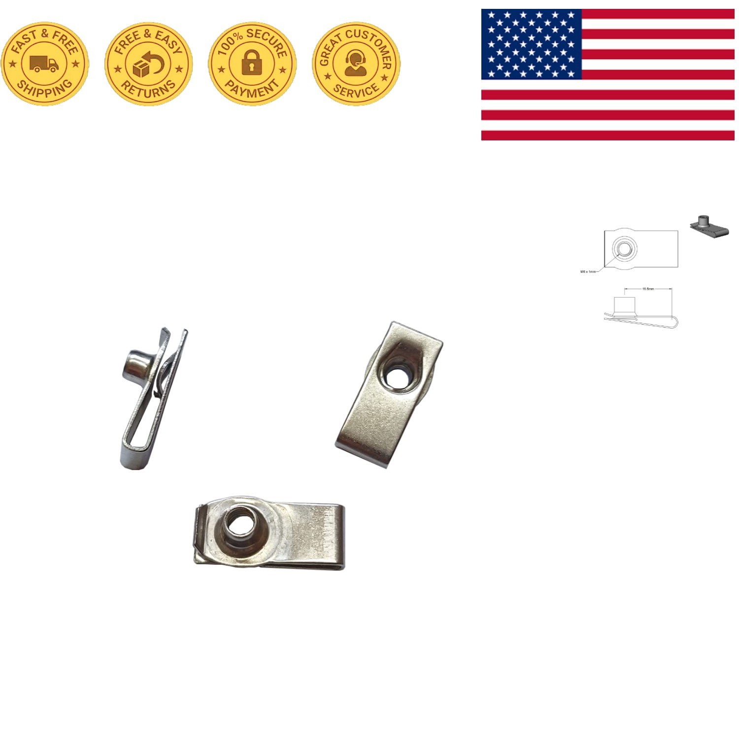 Corrosion Resistant M6 Long Clip-On Nuts, U-Style Fasteners, 25 Count