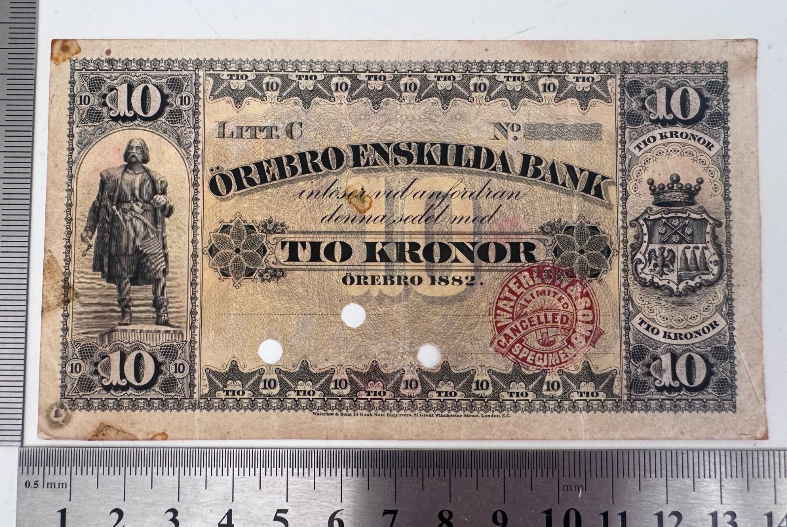 RARE Europe 1882 SWEDEN 10 KRONOR Color Trial SPECIMEN Banknote WATERLOW LONDON