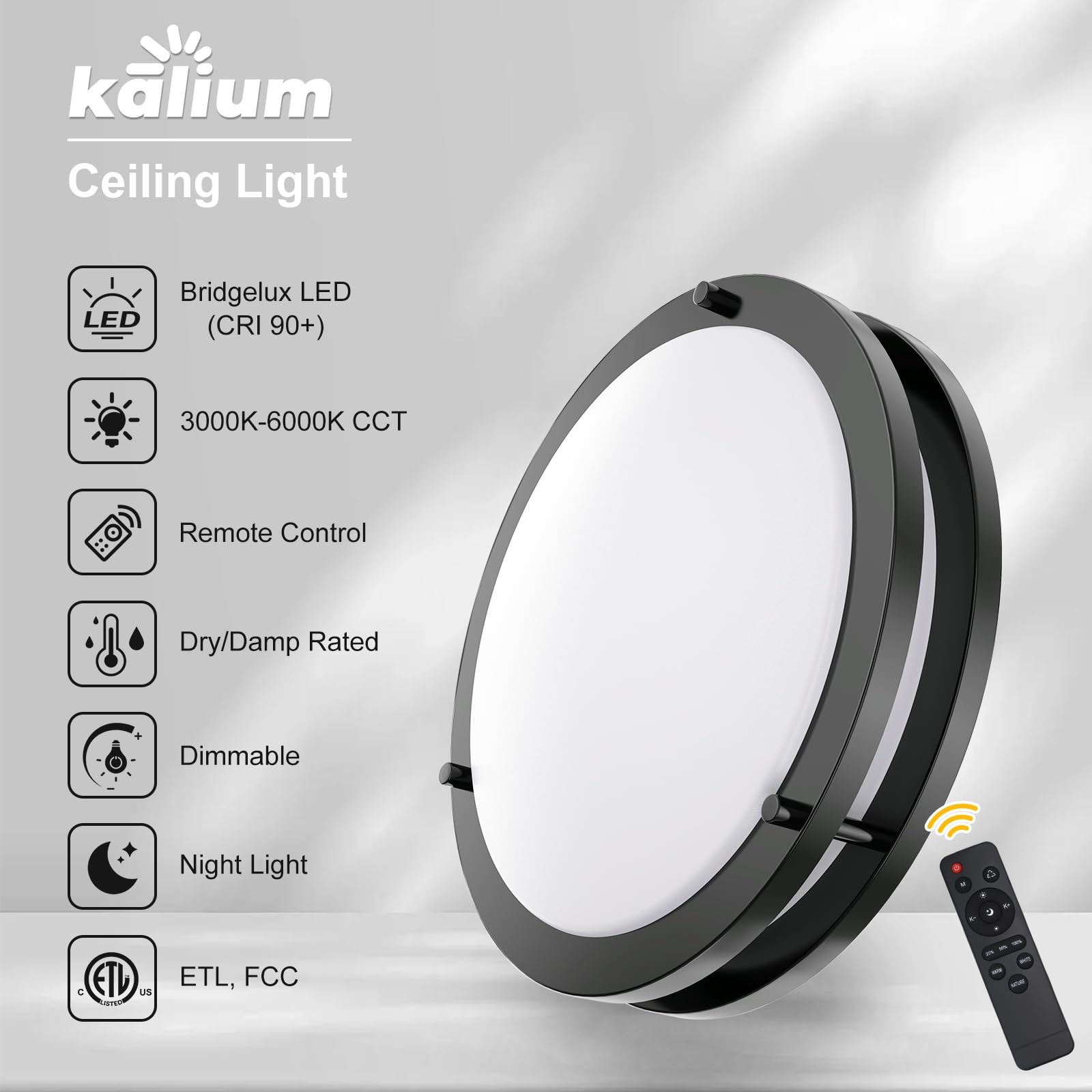 LED Ceiling Light 13 Inch Flush Mount 24W Dimmable Remote Kalium Adjustable
