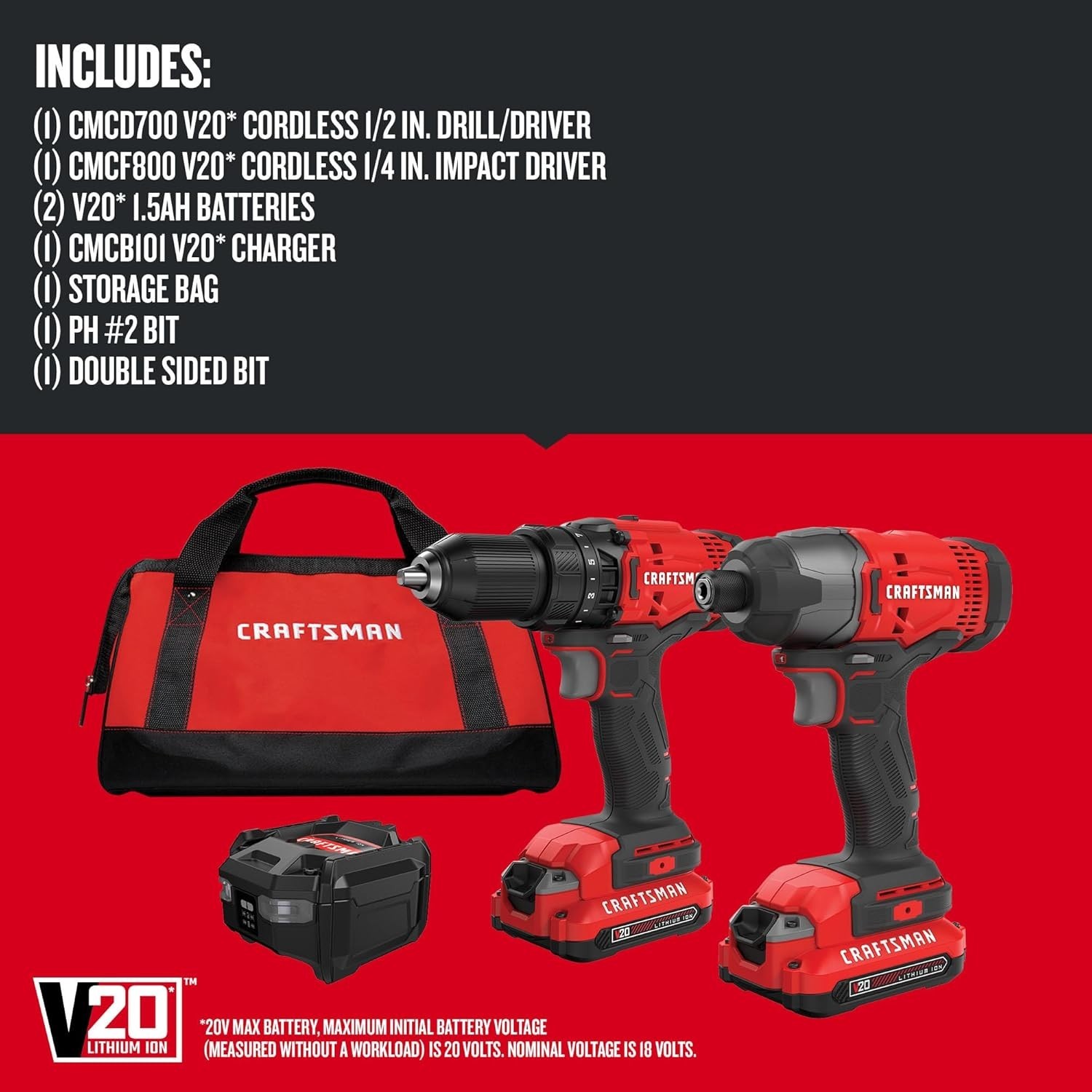 V20 MAX Cordless Drill and Impact Driver Combo Kit in Power Tool Set