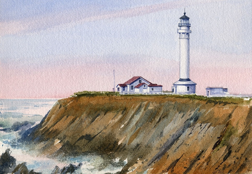 Point Arena Lighthouse Sunset, Mendocino County, CA. Gerald Hill Art Notecards