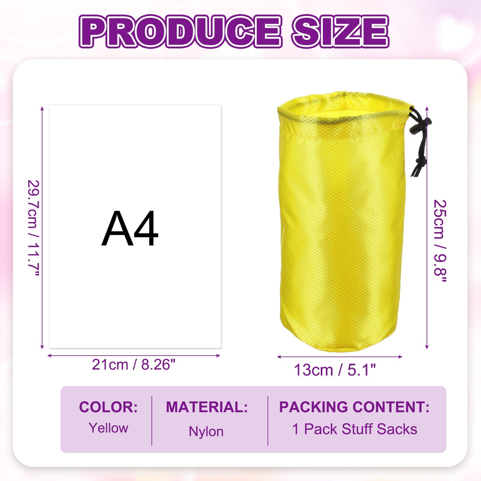 Stuff Sack, Nylon Waterproof Storage Sacks, 5x10Inch (Yellow)