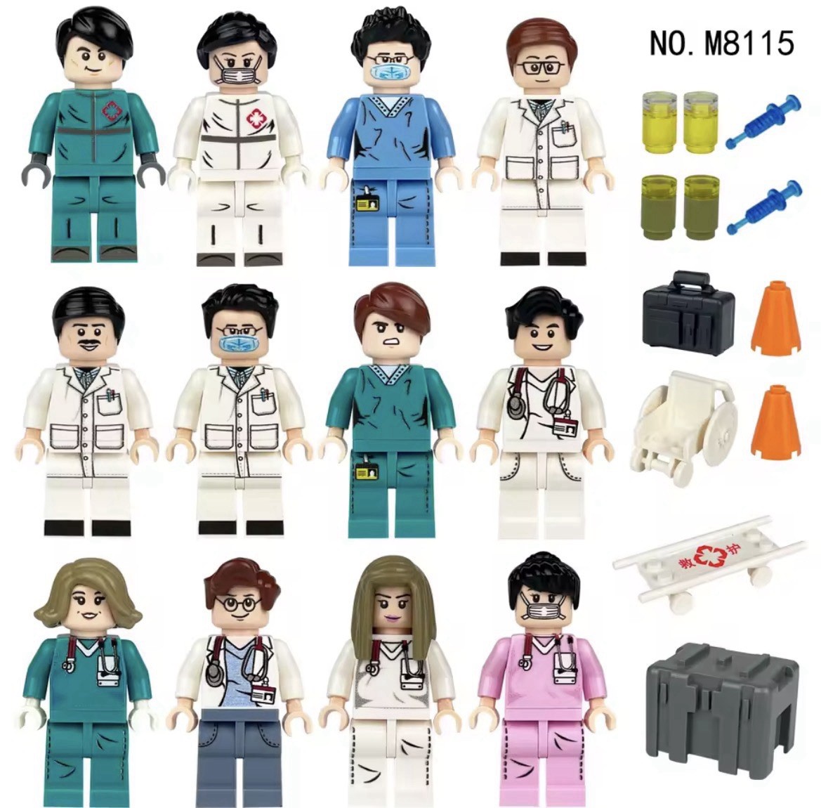 Custom Medical Minifigures Lot Of 12 - Accessories Included (Nurse/Medic/Doctor)