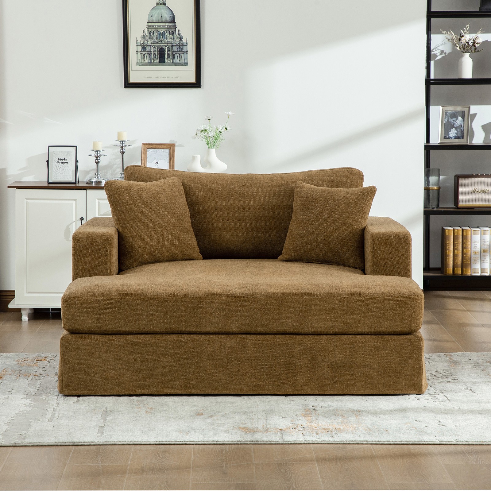 56.3" Wide Extra-Large Sofa Bed, Chenille Linen Fabric, Sturdy Metal Legs, Str